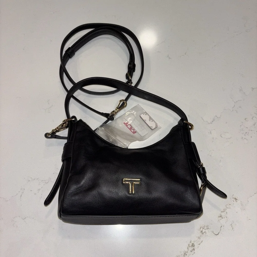 NWT TUMI Voyageur Evora Mini Hobo Black Leather Crossbody Bag Gold Hardware